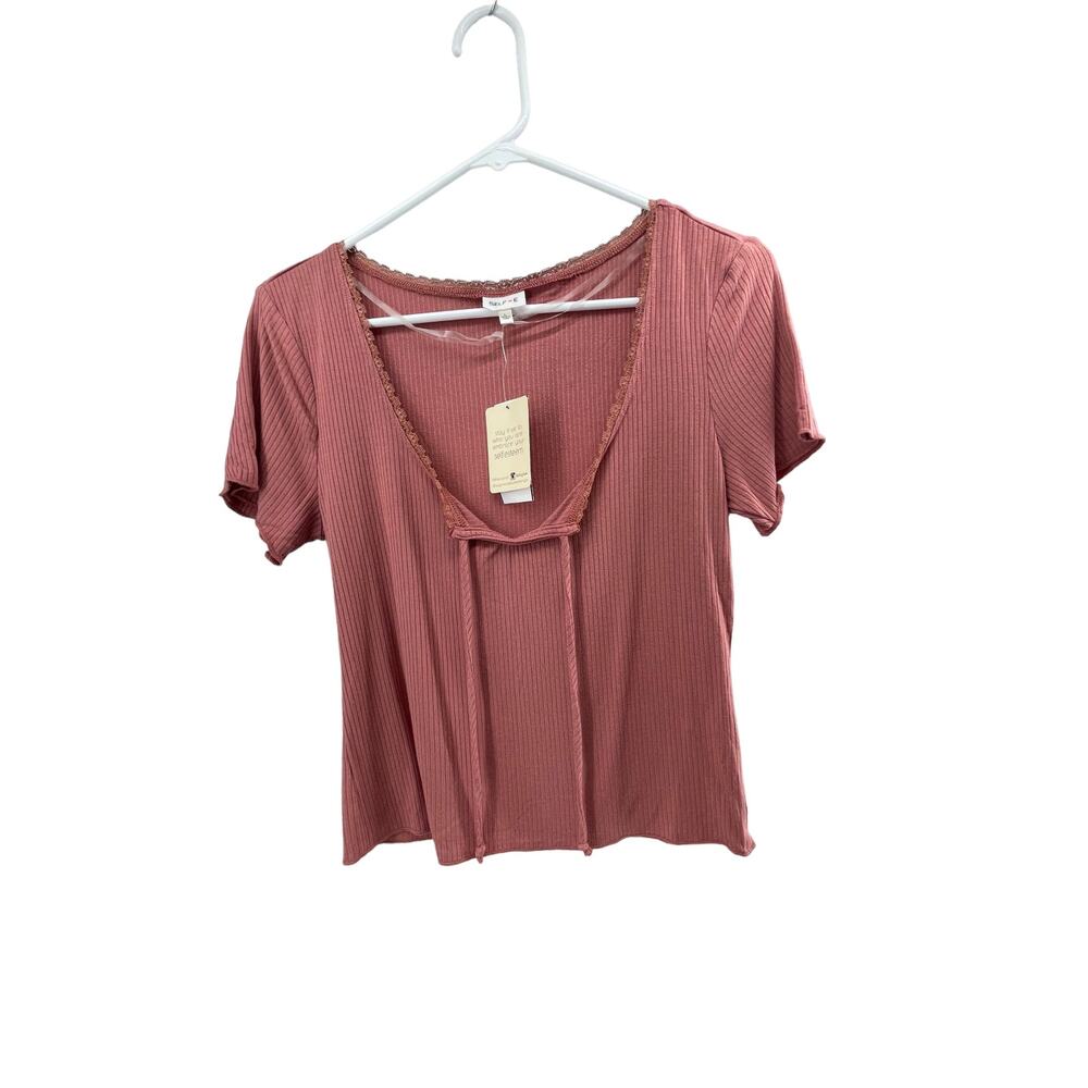 NWT Selfie Pink Ribbed Tie Bust Short Sleeve Top Women's Size Large